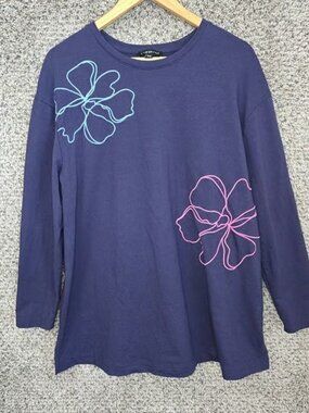Lane Bryant Top Womens 14/16 Blue Embroidered Floral Tunic Long Sleeve Casual
